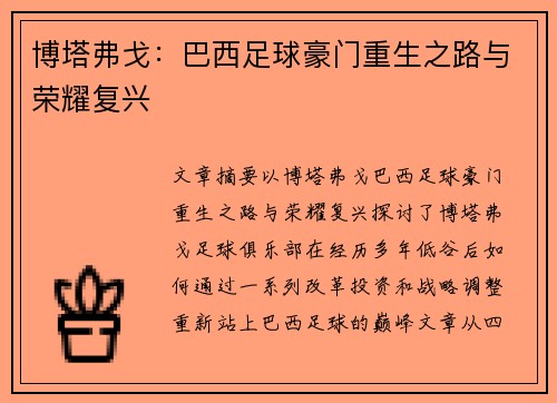 博塔弗戈：巴西足球豪门重生之路与荣耀复兴